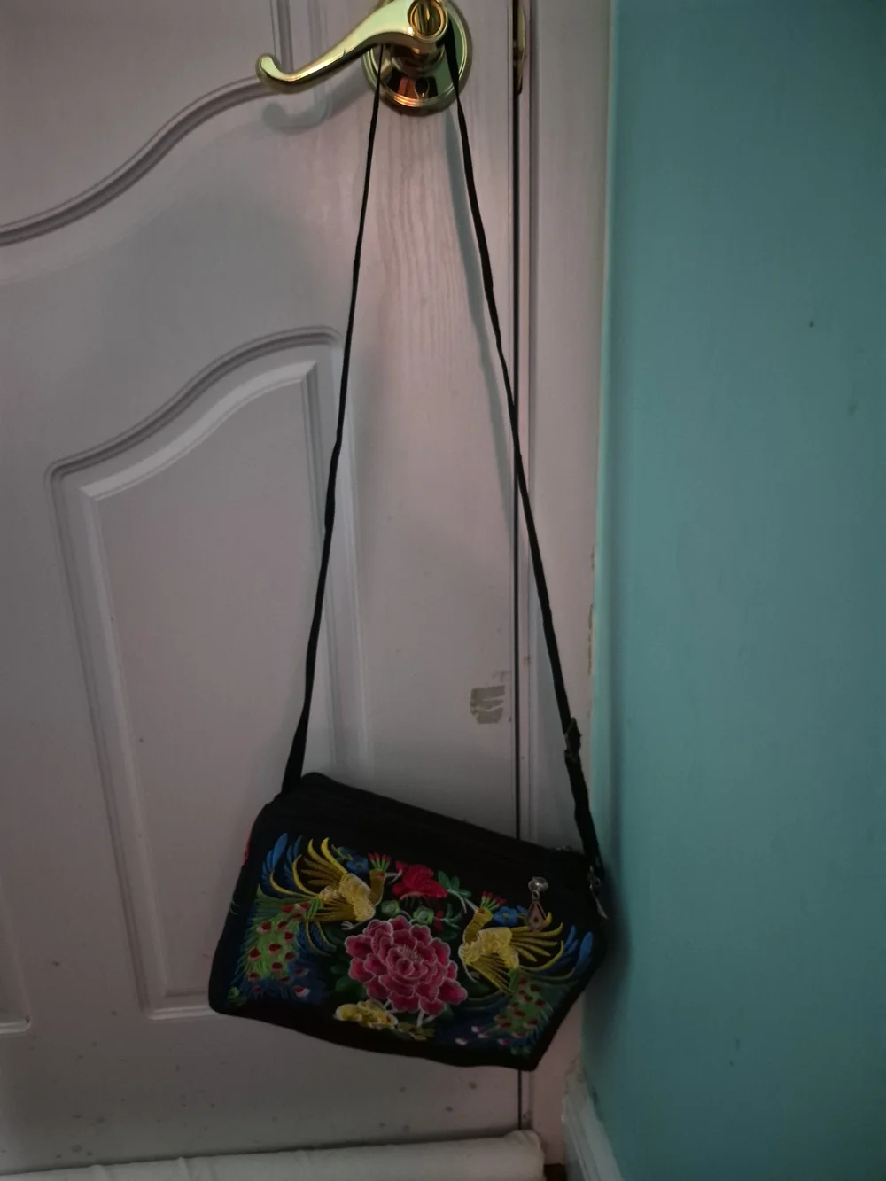 Embroidered Floral & Peacock Crossbody Bag in Black and Pink